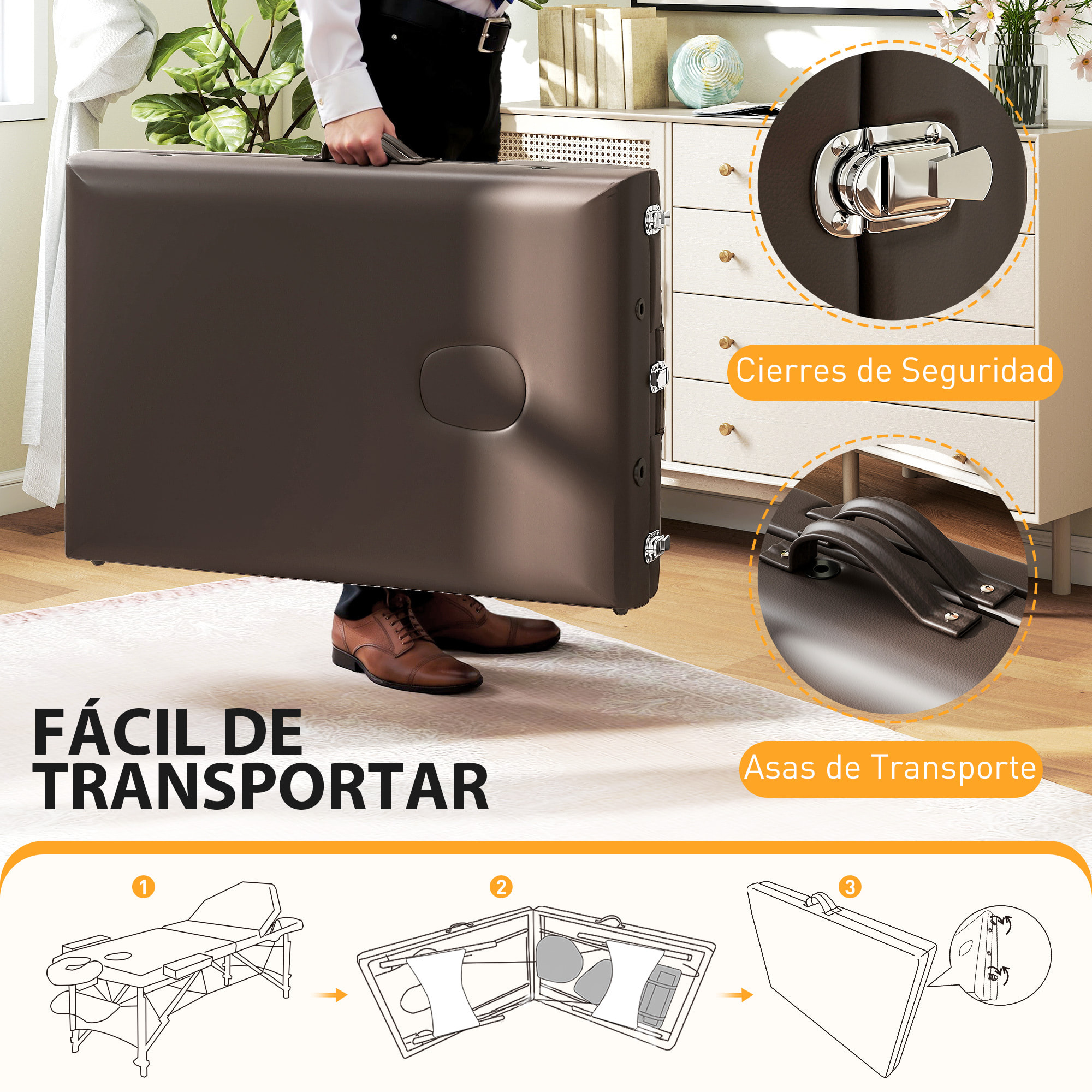 Camilla Masaje Plegable Portátil Camilla Estética Profesional de Madera de 3 Zonas con Altura, Respaldo, Soporte para Piernas, Reposacabezas Ajustables Brazos Acolchados 215x60x64-89 cm Marrón