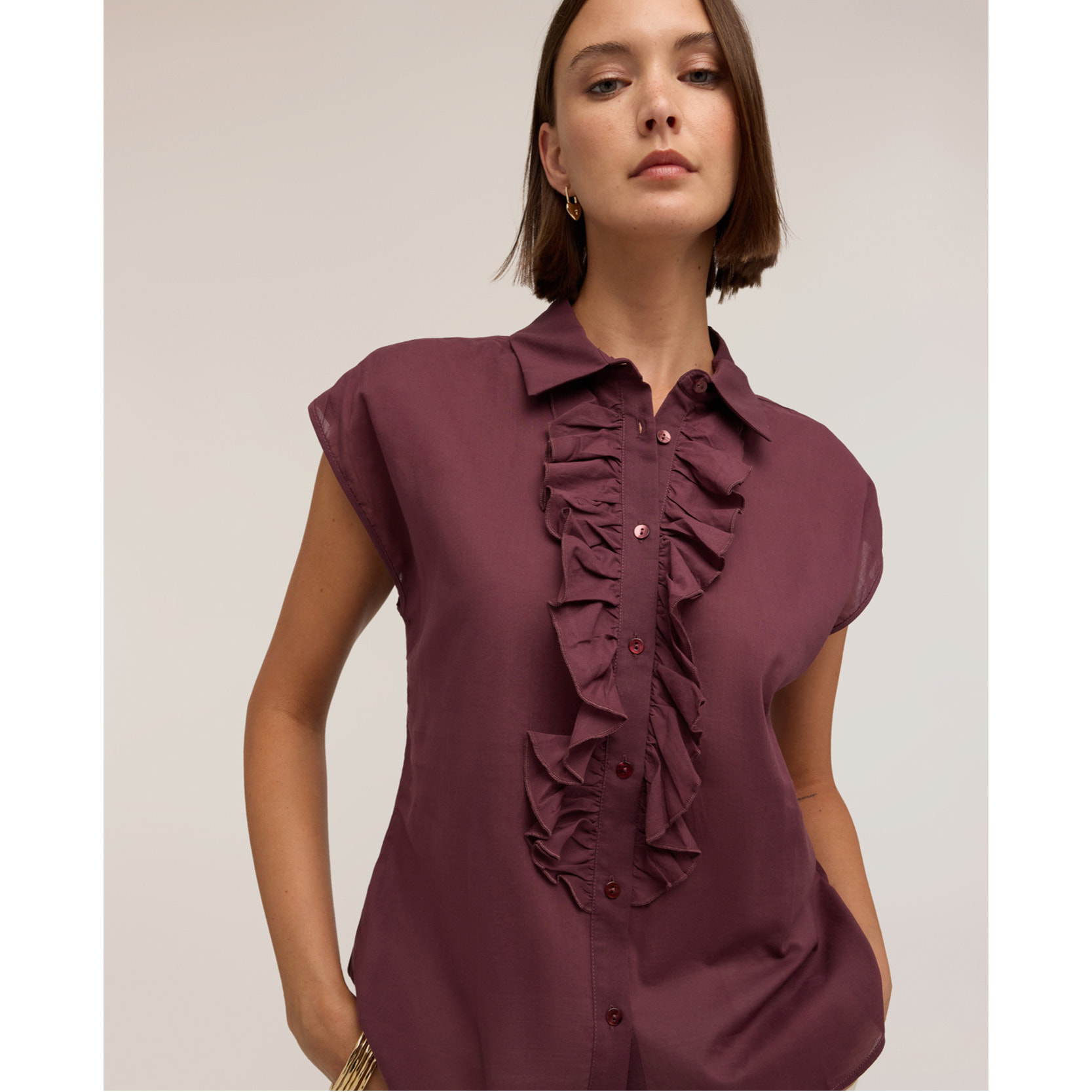 Motivi - Camicia in voile di cotone con volant - Bordeaux