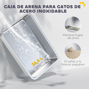 PawHut Arenero para Gatos Cubierto de Acero Inoxidable Caja de Arena para Gatos Arenero Cerrado para Gatos con Paso de Salida y Pala de Acero Inoxidable Gris Claro