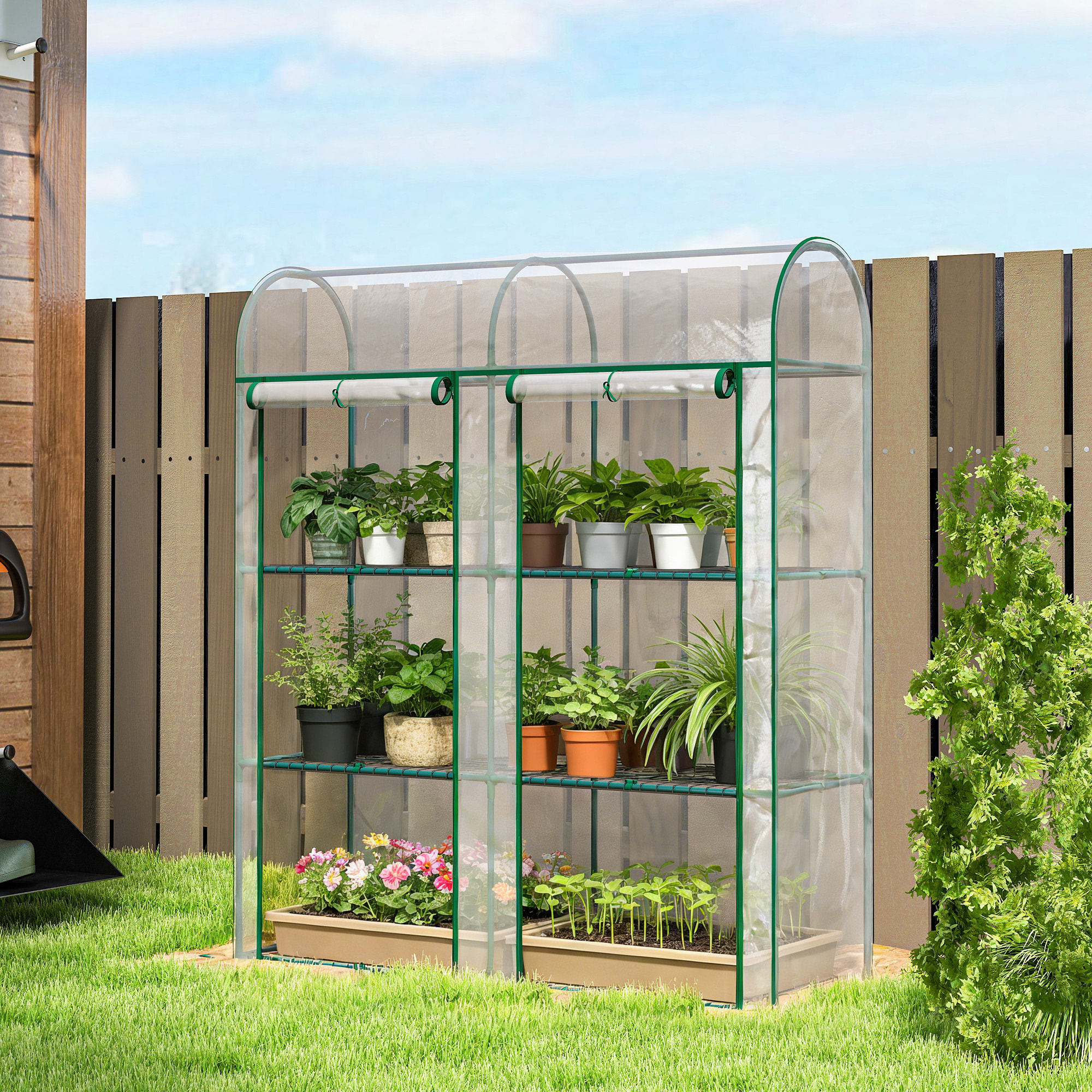 Invernadero Pequeño de 3 Niveles, Invernadero de Exterior con 2 Puertas Enrollables, Marco de Acero y Cubierta de Plástico Anti-UV para Cultivar Plantas, Flores, 143x46x164 cm, Transparente