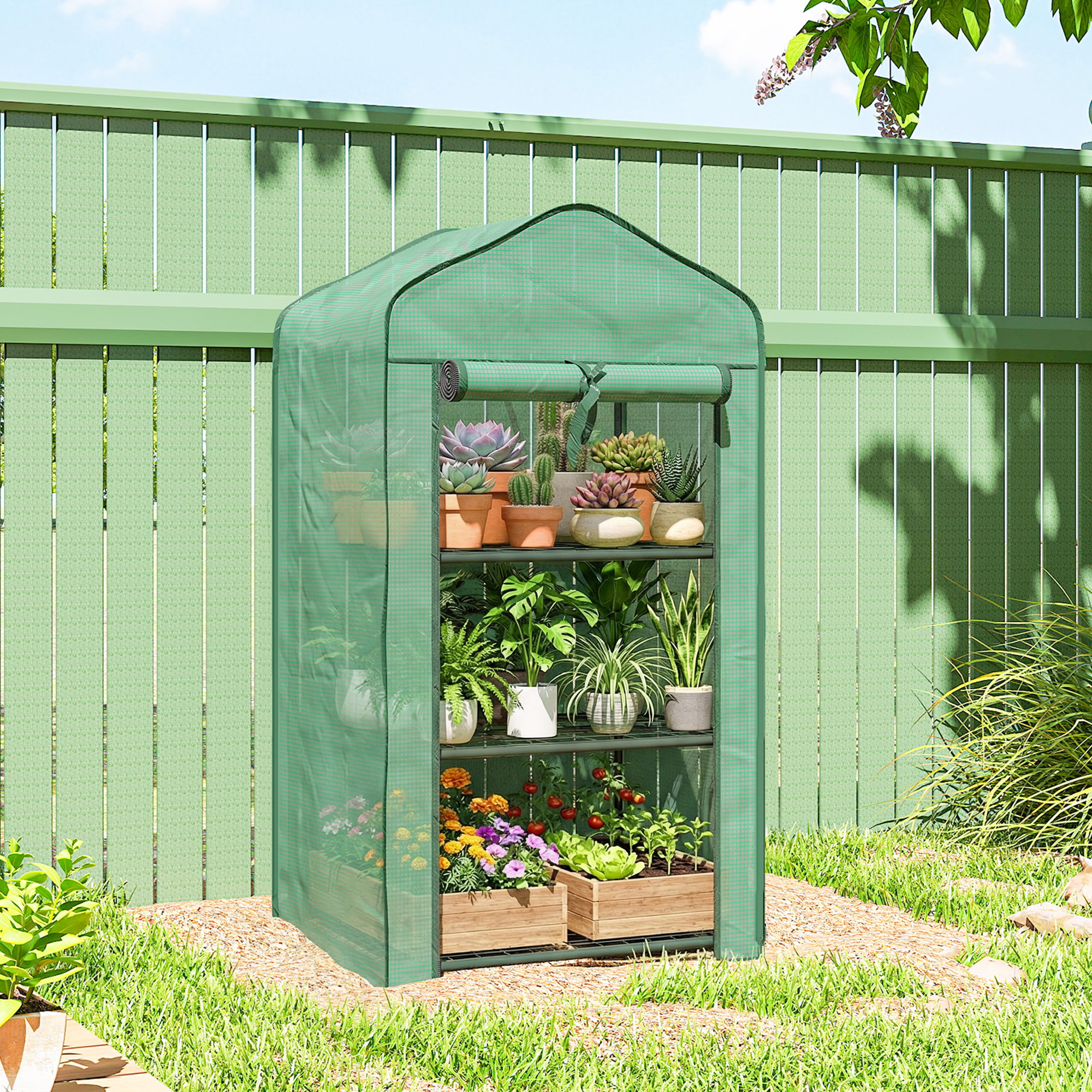 Serre de jardin balcon 3 niveaux métal thermolaqué vert PE vert