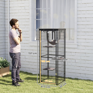 Jaula para Gatos para Exterior e Interior Recinto para Gatos con Cubierta Impermeable 3 Plataformas Hamaca Cojines y Puerta 61,5x55x157 cm Negro