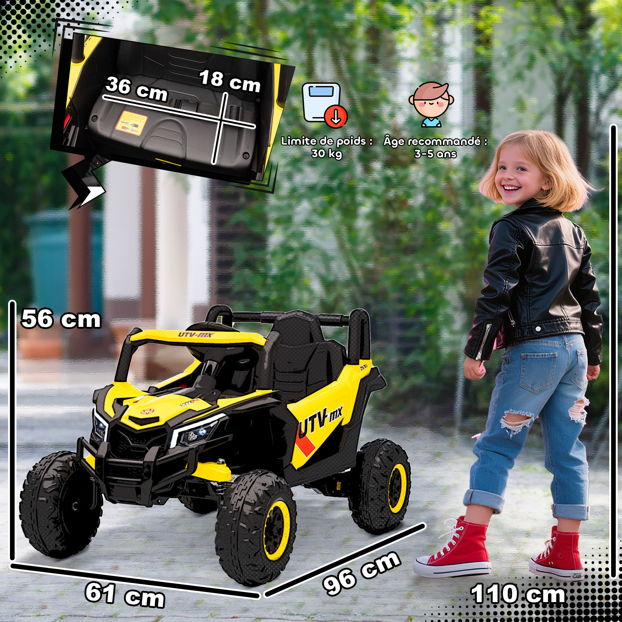 Buggy électrique enfant UTV 12V 7Km/h max. télécommande port USB nombreux effets jaune noir