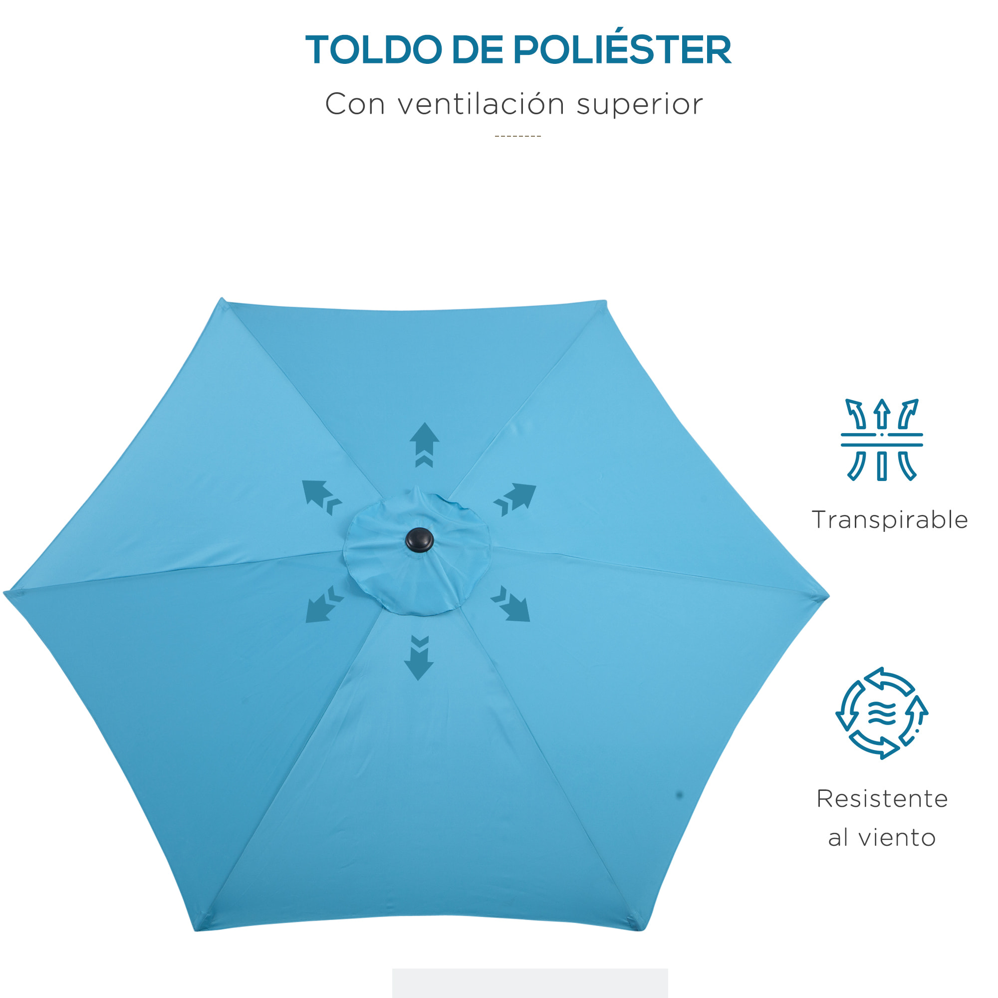 Sombrilla de Jardín, Ø260x235 cm, Parasol de Jardín Reclinable con Manivela, Poste Desmontable de Aluminio y 6 Varillas de Metal, para Terraza, Exterior, Balcón, Azul