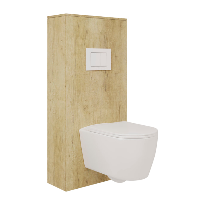 Pack Wc Suspendu + Châssis + Boîtier de Support Nature | Toilette Blanc Mat | Bouton Blanc | Réservoir Encastré | Couvercle Amorti | Alday