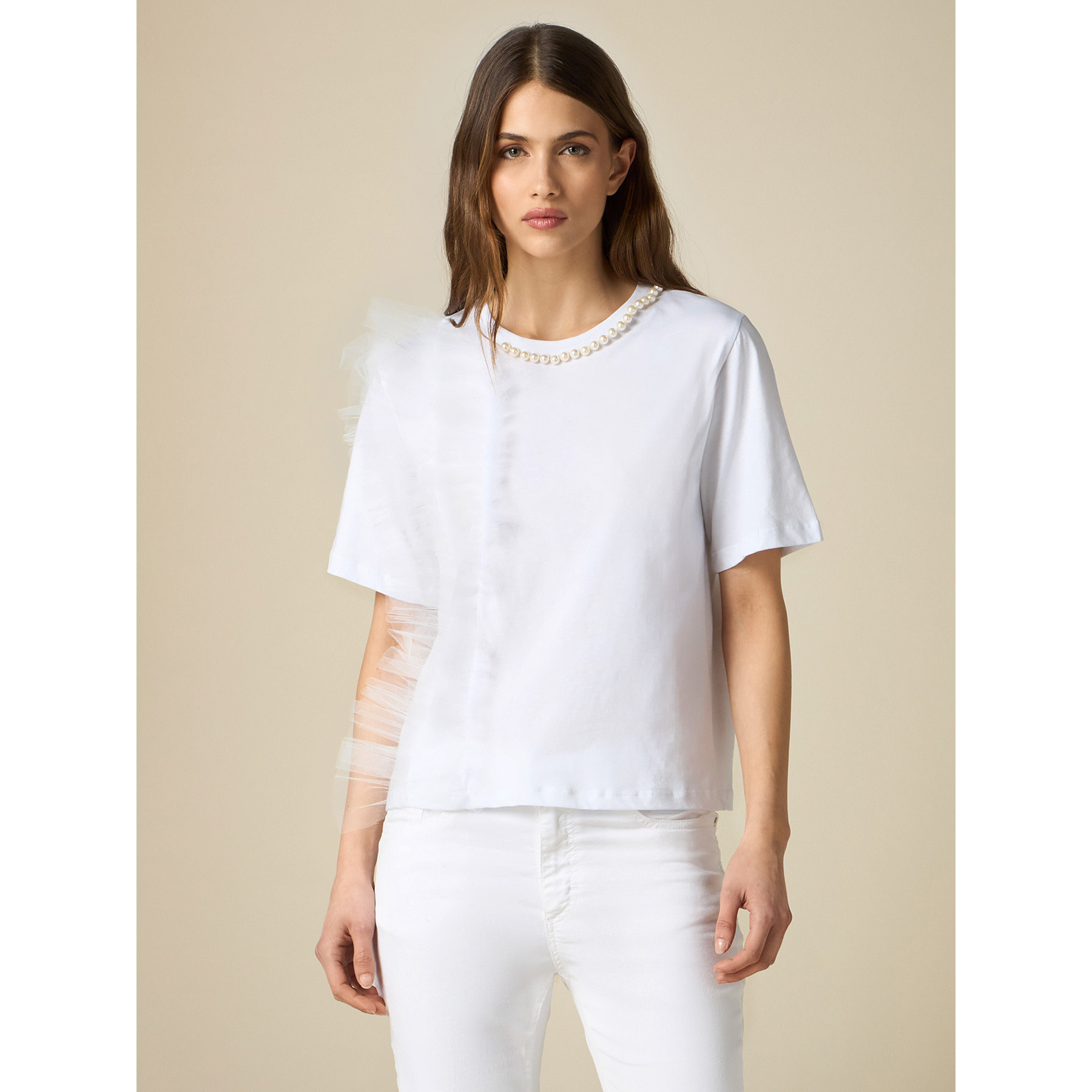 Oltre - T-shirt con perle e tulle - Bianco