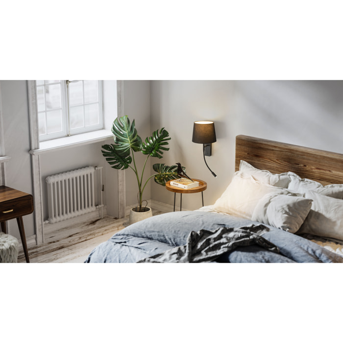 Forlight Janet - Aplique de Pared para Dormitorio E27 Luz de Lectura LED Blanco Cálido 3000K. Aluminio Negro Pantalla de Textil