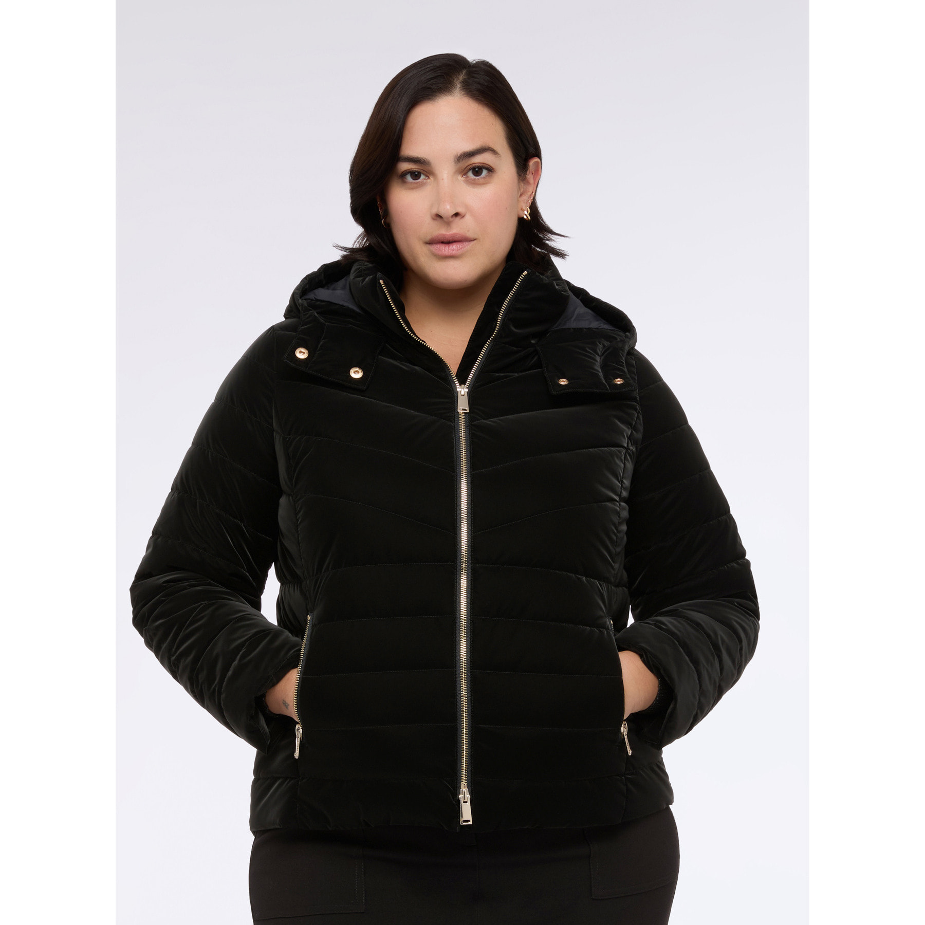 Fiorella Rubino - Piumino effetto velluto con cappuccio - Nero