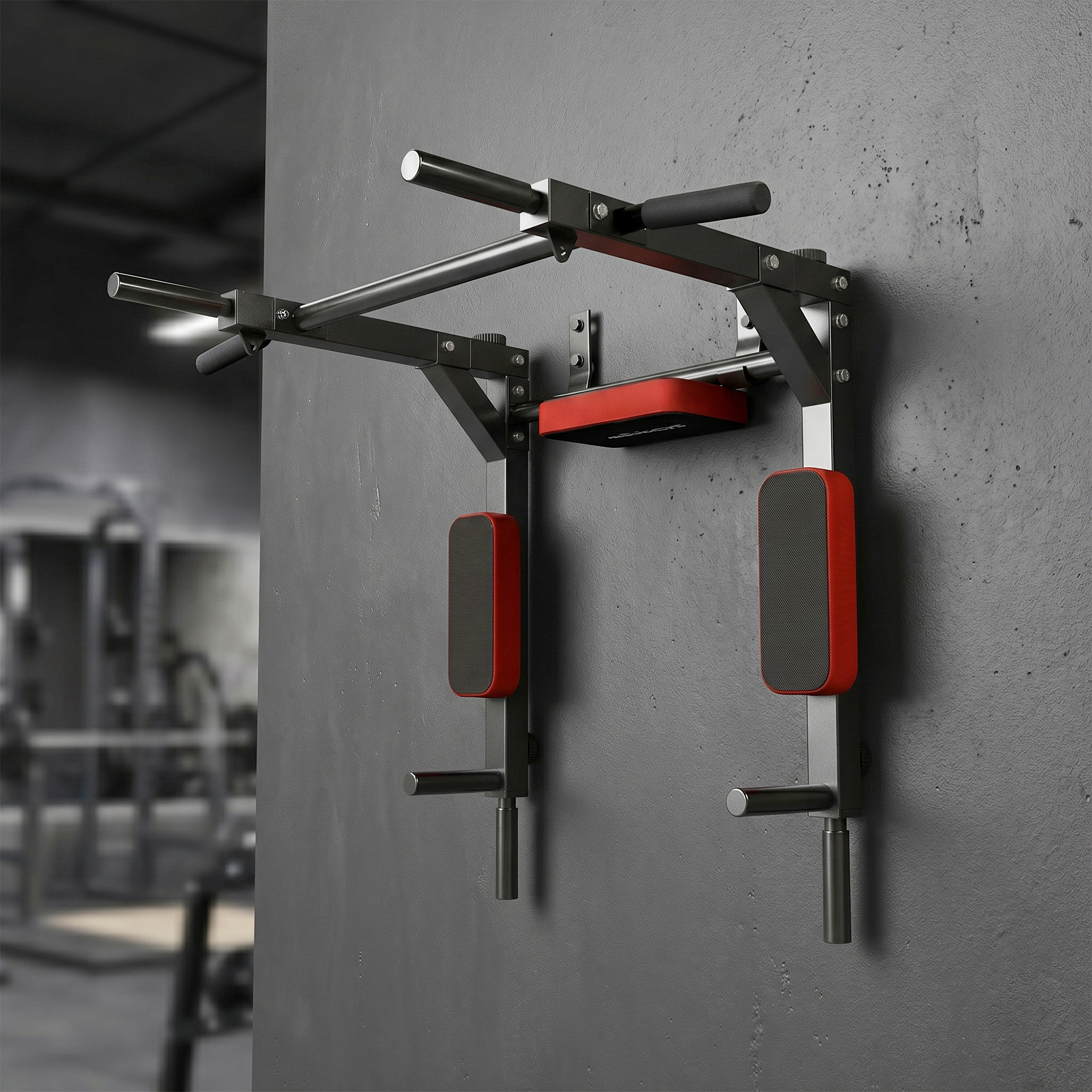 Barre de traction murale dip station 2 en 1 max. 200 Kg acier rouge noir