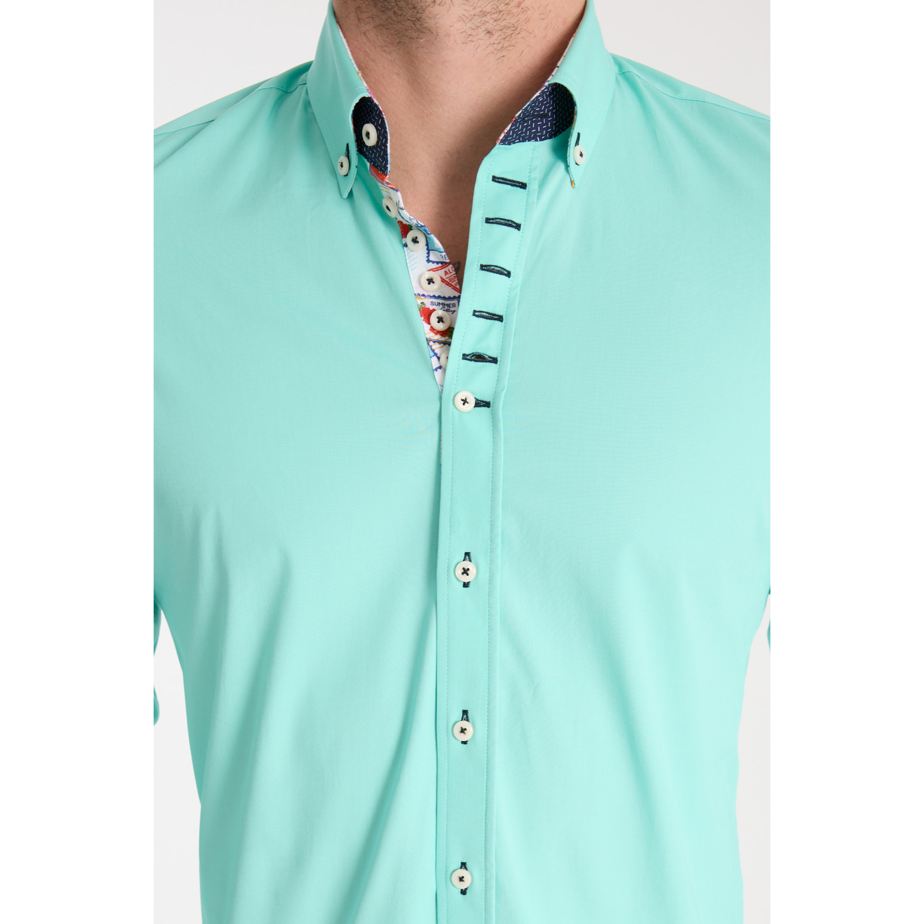 Camicia Uomo 1 Bottoni Button Down Slim Popeline Stretch Unito Verde Acqua