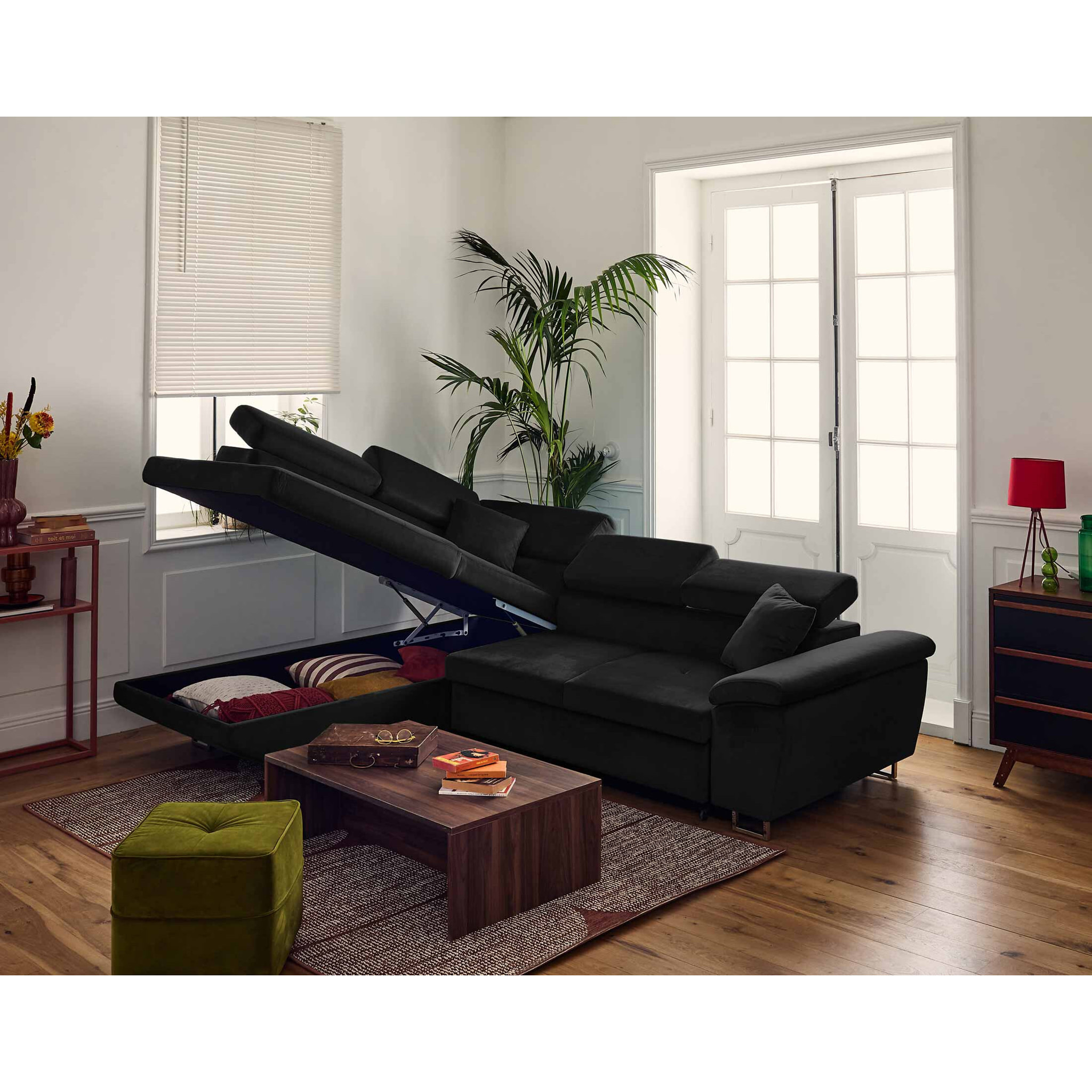 Dimas - canapé d'angle gauche 5 places - convertible avec coffre et têtières réglables - en velours - Noir