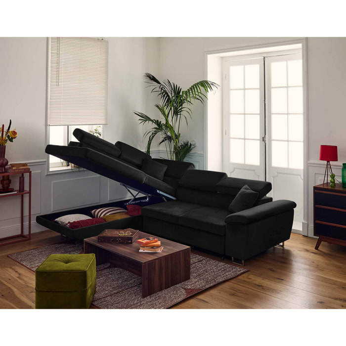 Dimas - canapé d'angle gauche 5 places - convertible avec coffre et têtières réglables - en velours - Noir