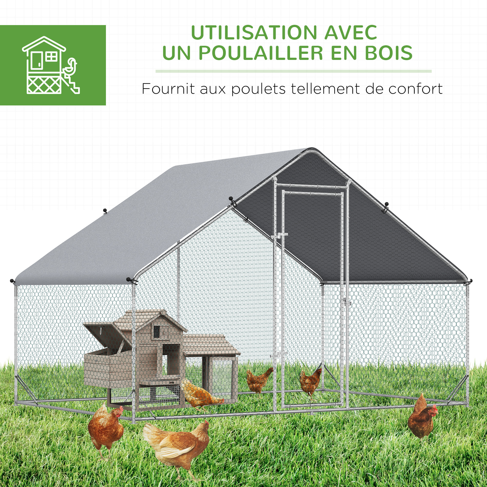 Enclos poulailler chenil 6 m² - parc grillagé dim. 3L x 2l x 2H m - poulailler chenil entièrement couvert - acier galvanisé