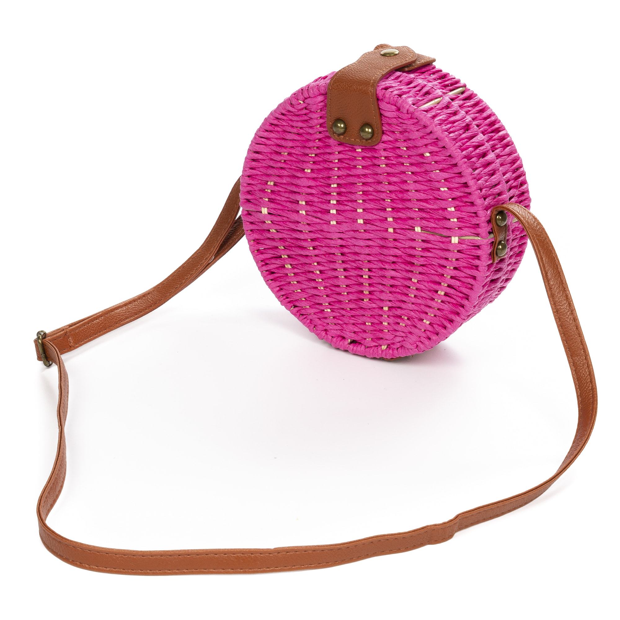 IRIA QUINTANA Borsa a tracolla da donna Cuneo. Tessuto Paglia Pelle Sintetica PU 18x4x18 Cm. Colore fucsia
