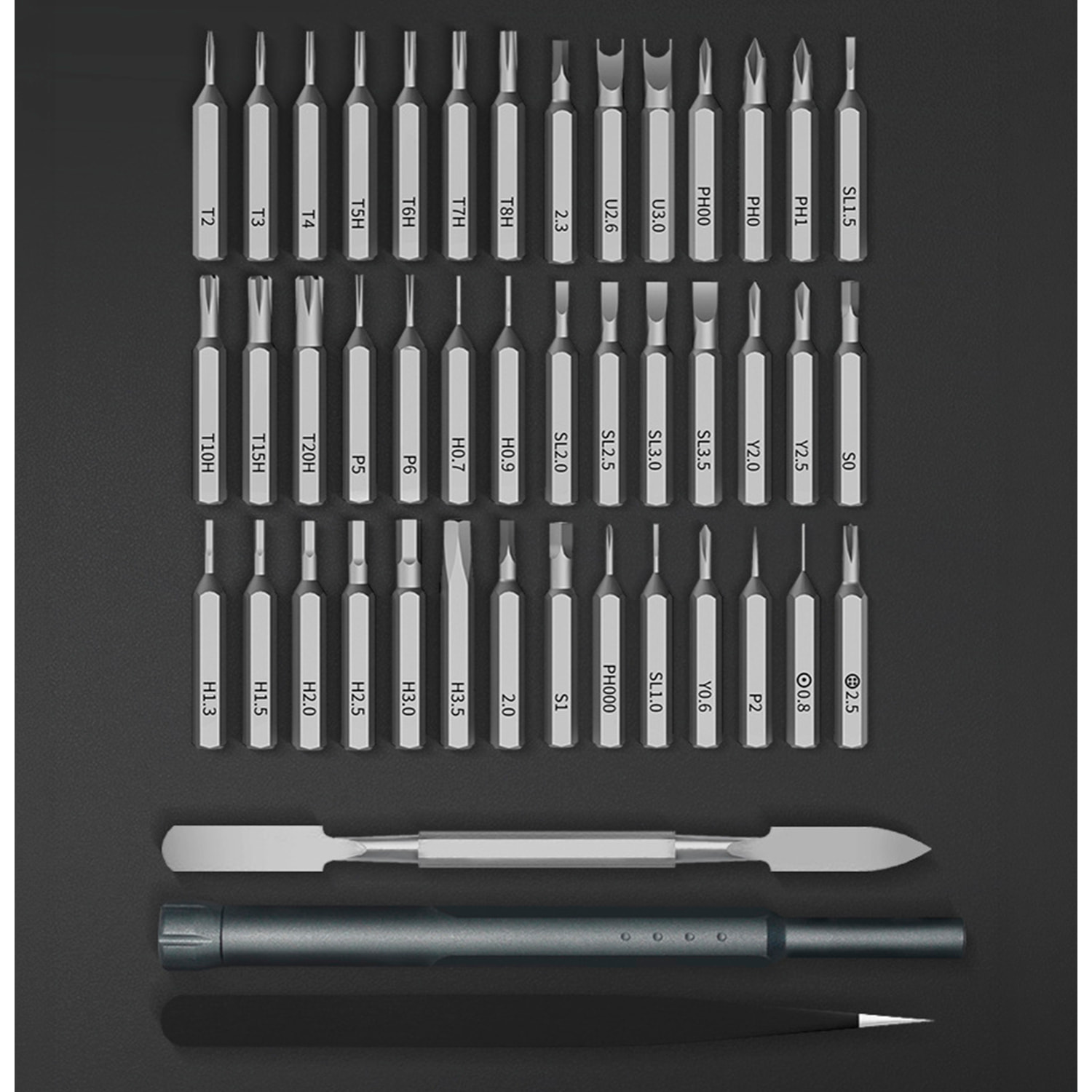 Juego de destornillador de precisión 44 en 1 con rosca giratoria y puntas magnéticas incluidas en funda de aluminio.