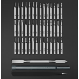 Juego de destornillador de precisión 44 en 1 con rosca giratoria y puntas magnéticas incluidas en funda de aluminio.