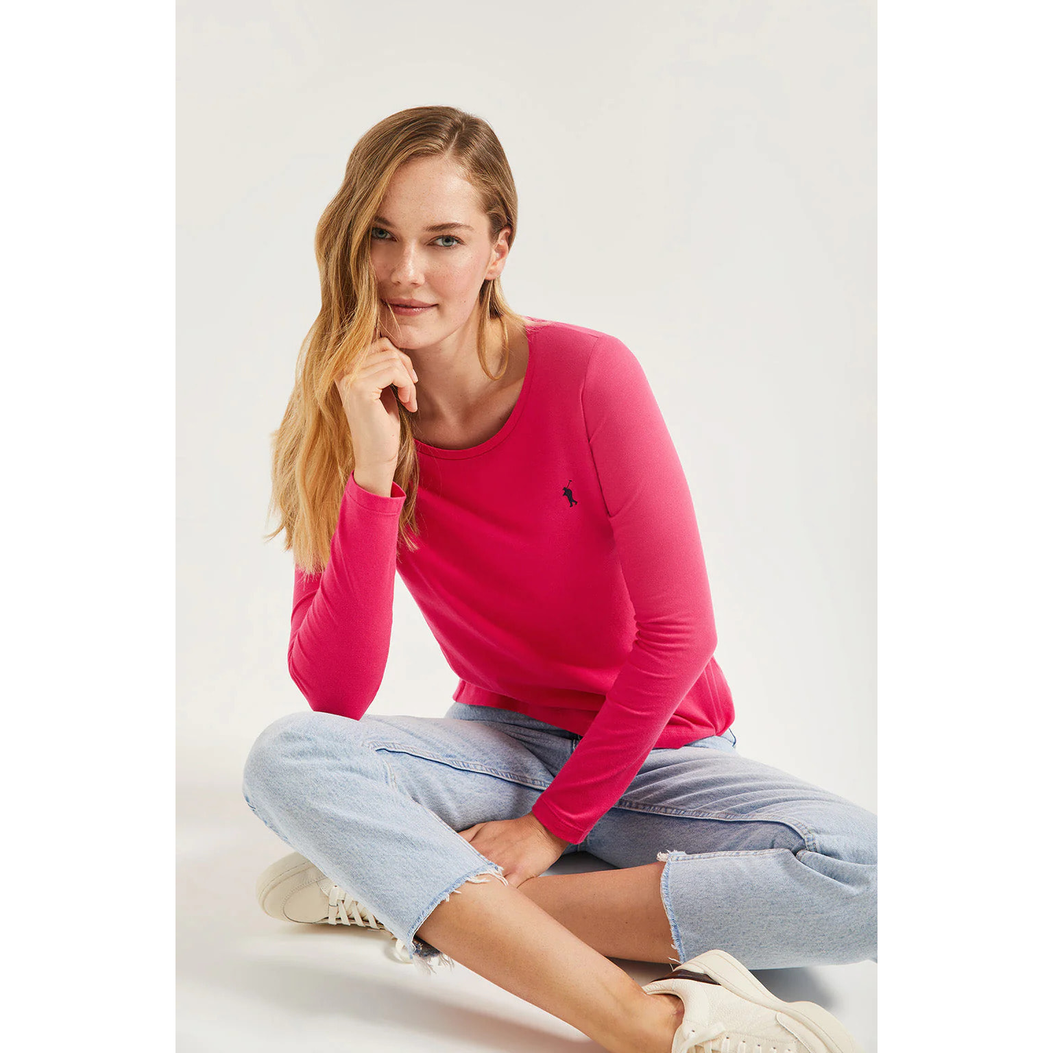 Maglietta basic a maniche lunghe fucsia con logo Rigby Go