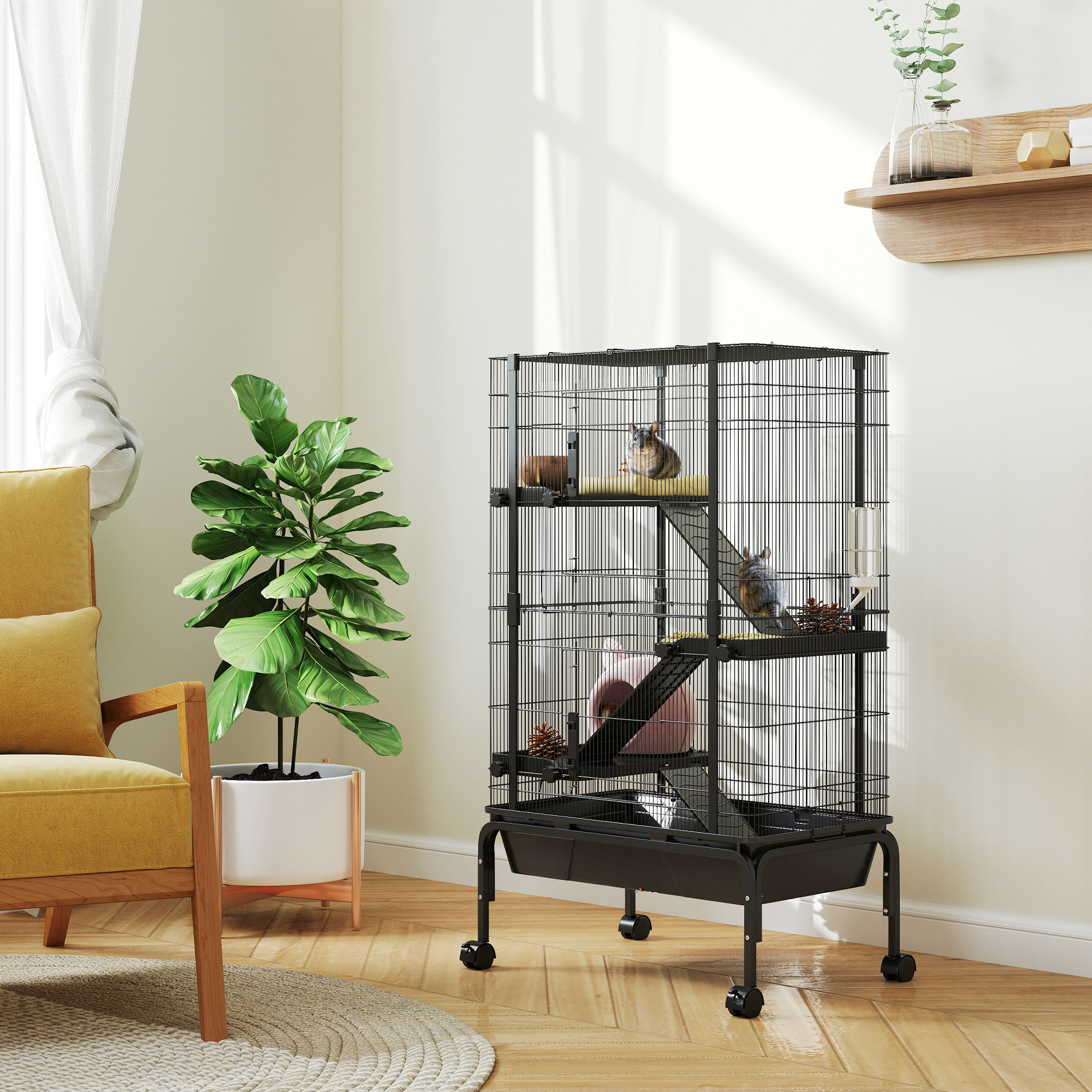 Jaula para Animales Pequeños de 4 Niveles Jaula para Roedores con Ruedas Rampas Cuenco Botella de Agua y Bandeja Extraíble Recinto para Conejos Chinchillas Hurones Cobayo 69x44x120 cm Negro