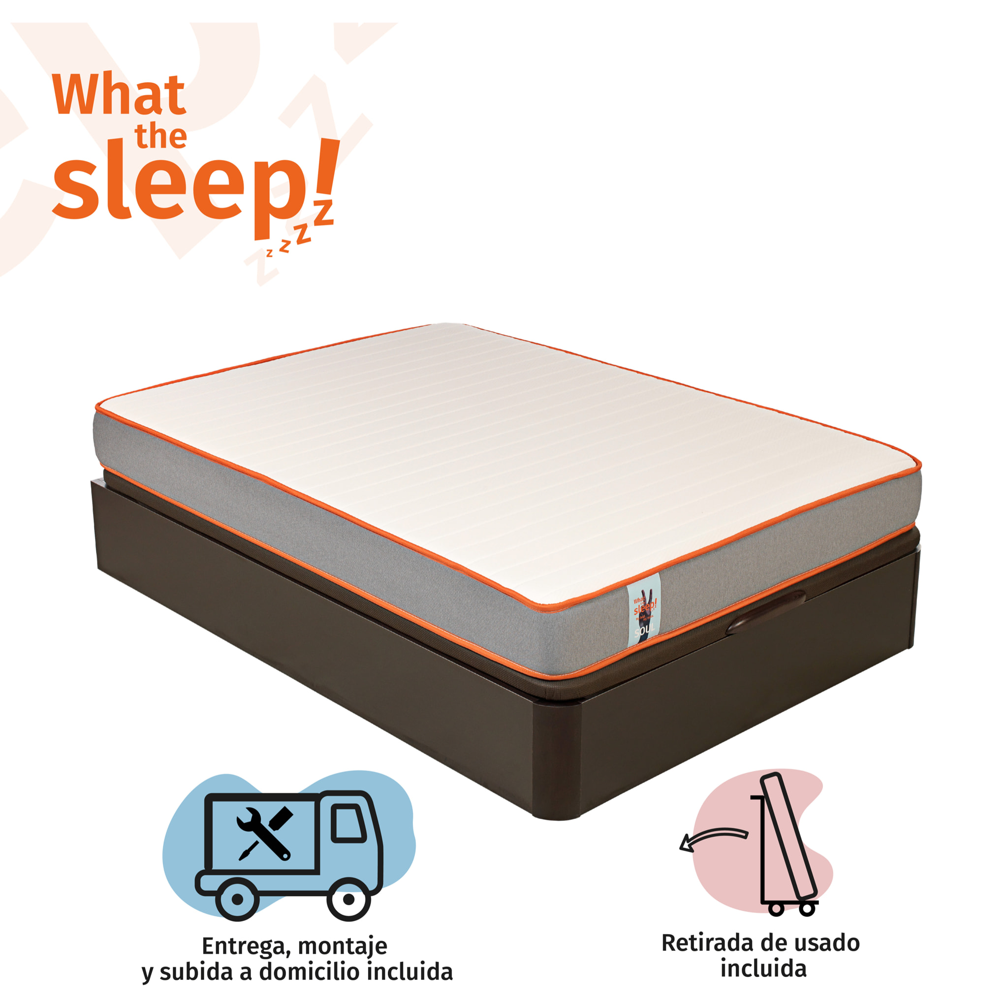 Colchón Viscoelástico Sostenible HR y Canapé Abatible Gran Capacidad Wengué Entrega, Montaje y Retirada usado incluido Pack SOUL · WHAT THE SLEEP