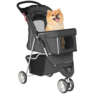 Carrito para Perros Plegable, Cochecito para Perros Pequeños con Cesta de Almacenaje, Ventanas de Malla, Portavasos y Ruedas, Carga 10 kg, 77x44x102 cm, Gris Oscuro