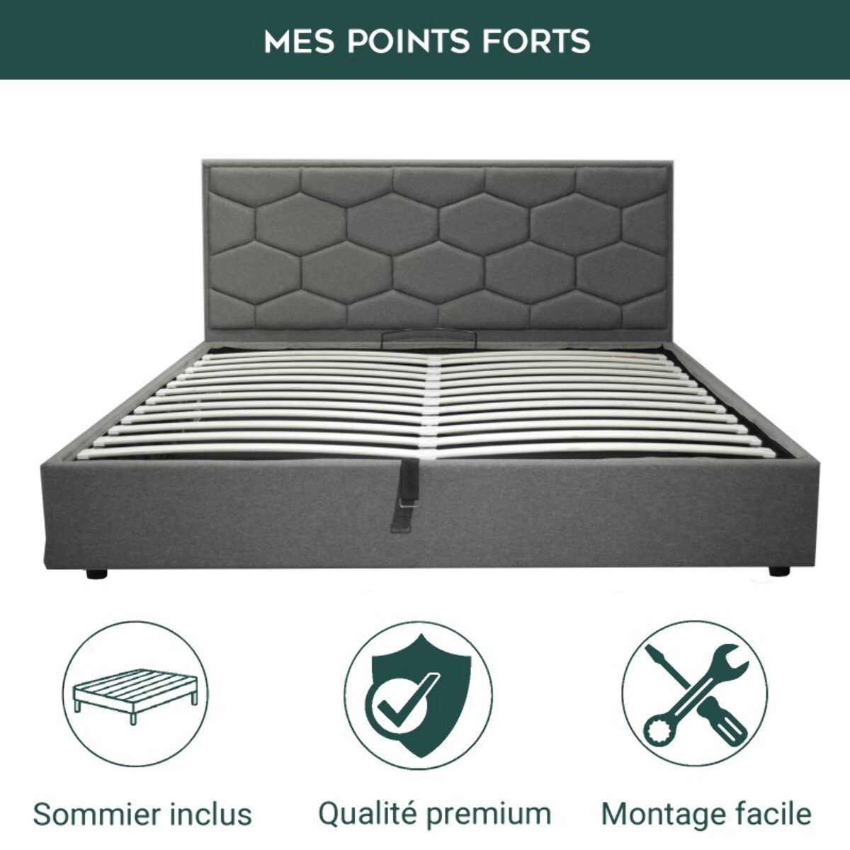 Lit coffre Madrid avec tête de lit | Espace de Stockage jusqu'à 900 L | Robuste et Large Angle d’Ouverture | Tissu | Gris clair