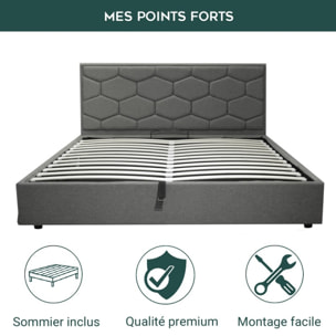 Lit coffre Madrid avec tête de lit | Espace de Stockage jusqu'à 900 L | Robuste et Large Angle d’Ouverture | Tissu | Gris clair