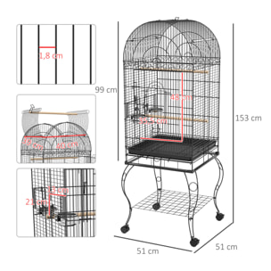 Jaula de Pájaros con Ruedas Jaula de Aves Exterior con Bandeja Extraíble Rejilla 2 Cuencos de Acero Inoxidable Estante y Percha para Periquitos 51x51x153 cm Negro