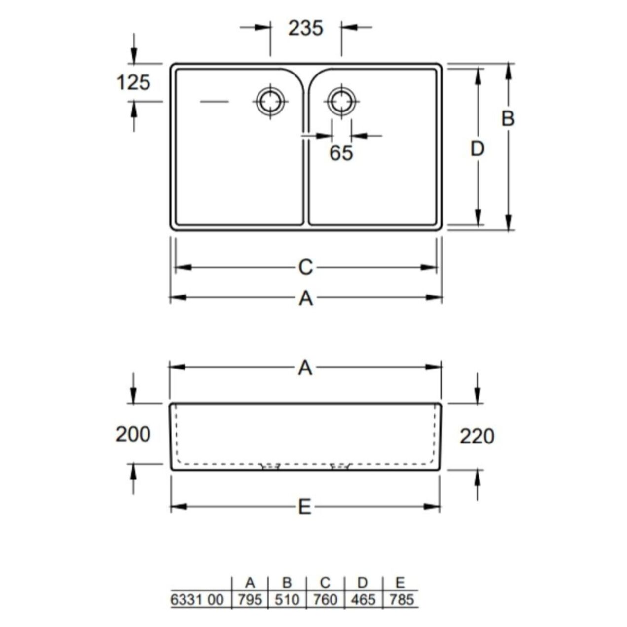 Evier double cuve blanc O Novo 22 x 79,5 x 51 cm avec trop-plein