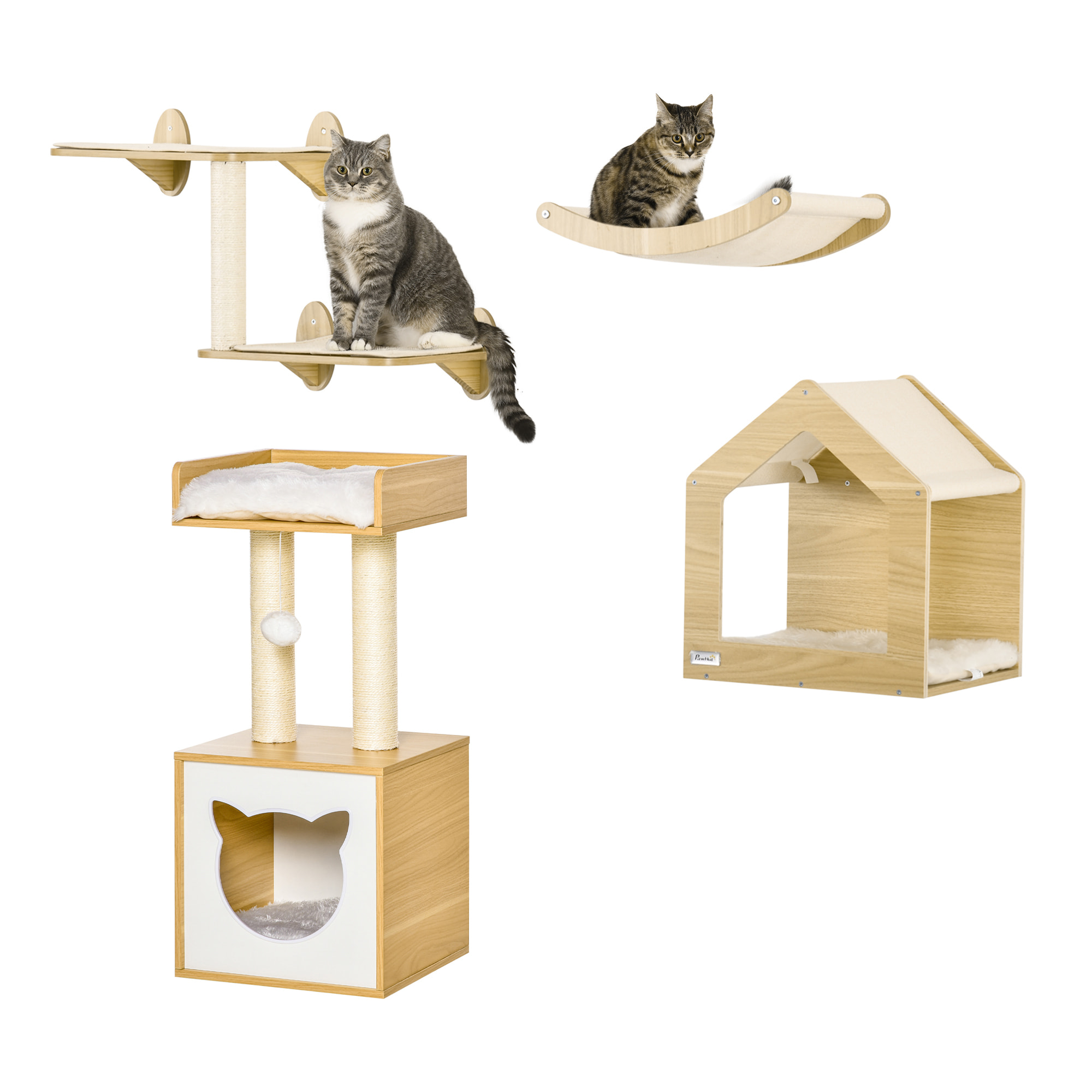 Conjunto para Gatos Juego de Casa para Gatos de 2 Niveles con Cama Superior Cojines Lavables y Estantes para Gatos 3 Piezas de Pared con Hamaca 35x35x81 cm Roble