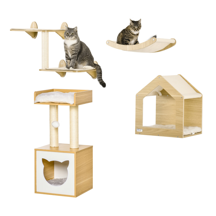 Conjunto para Gatos Juego de Casa para Gatos de 2 Niveles con Cama Superior Cojines Lavables y Estantes para Gatos 3 Piezas de Pared con Hamaca 35x35x81 cm Roble