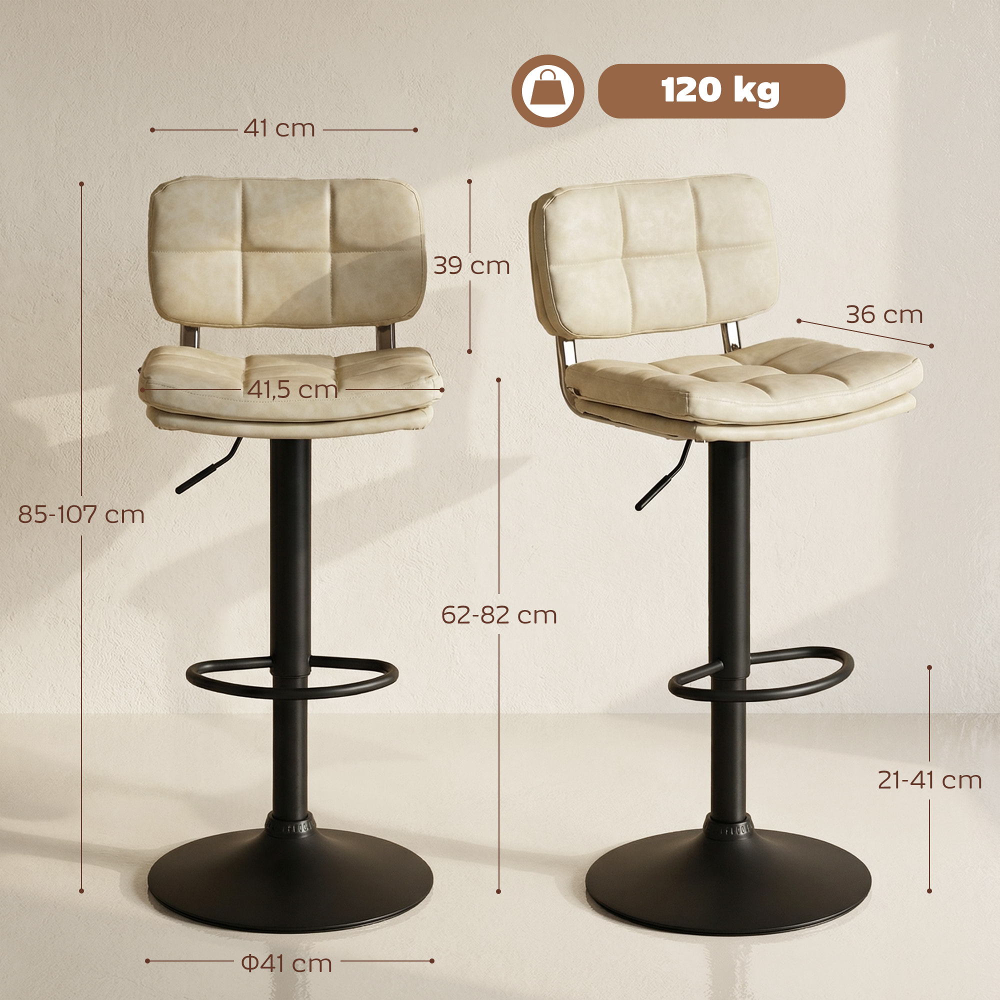 Lot de 2 tabourets de bar Vintage capitonné pivotant réglable beige effet vieilli