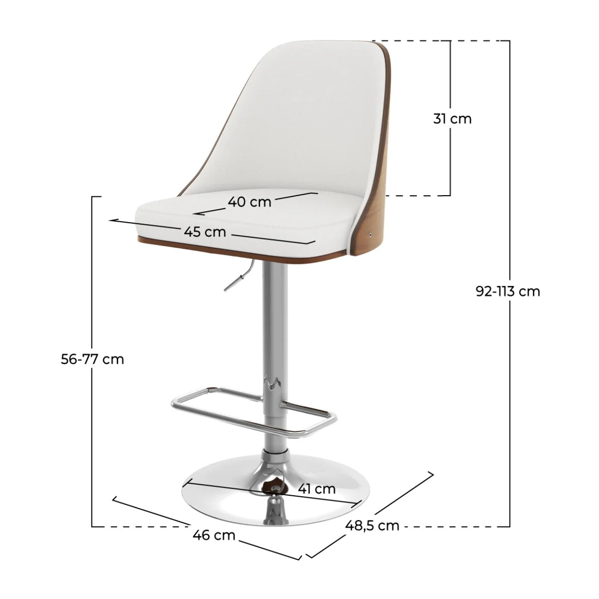 Chaise de bar réglable et pivotante en bois foncé et PU blanc 56/77 cm - Georges