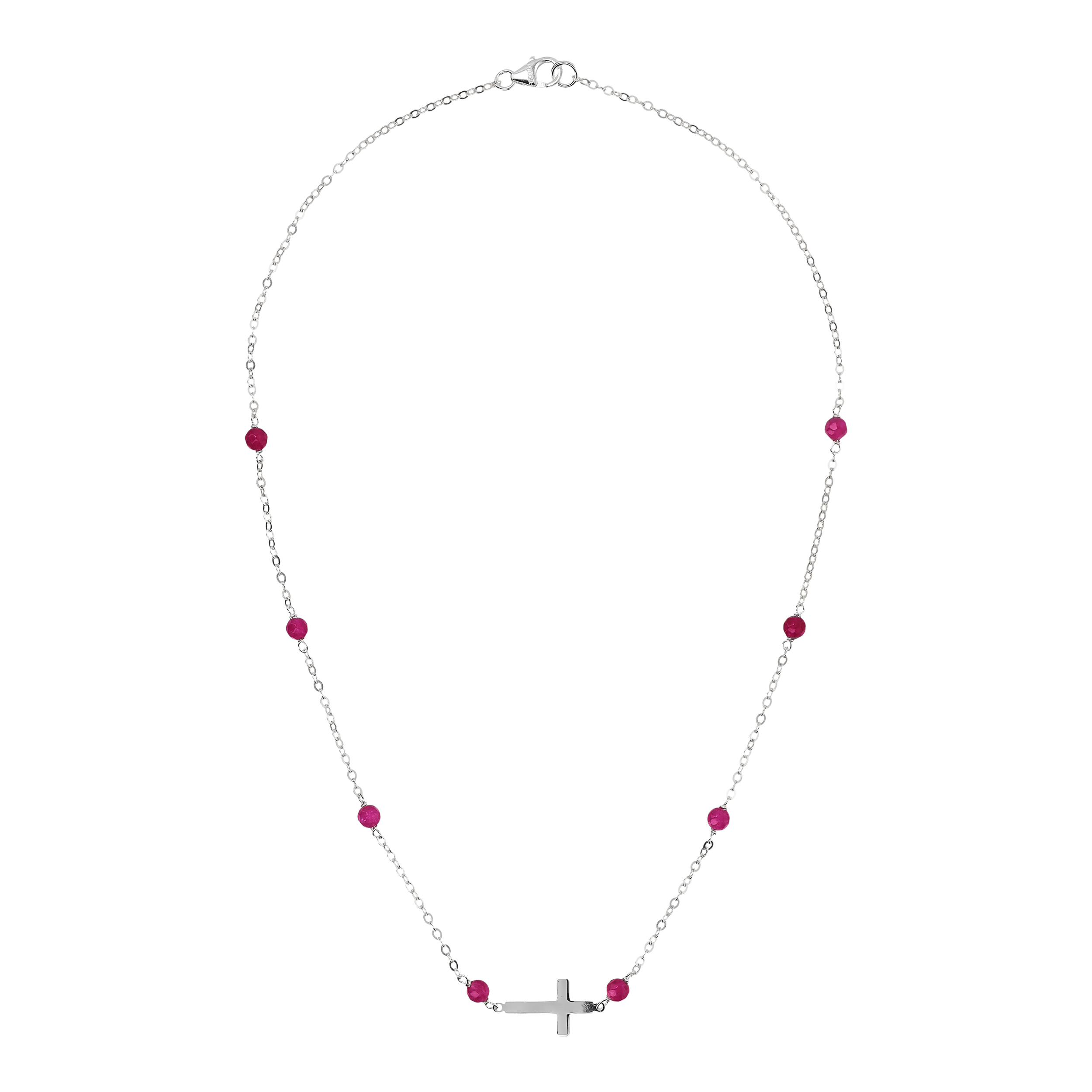 Collana Catena Rolo con Quarzo Rosa e Pendente Croce Argentato in Argento 925 placcato Rodio