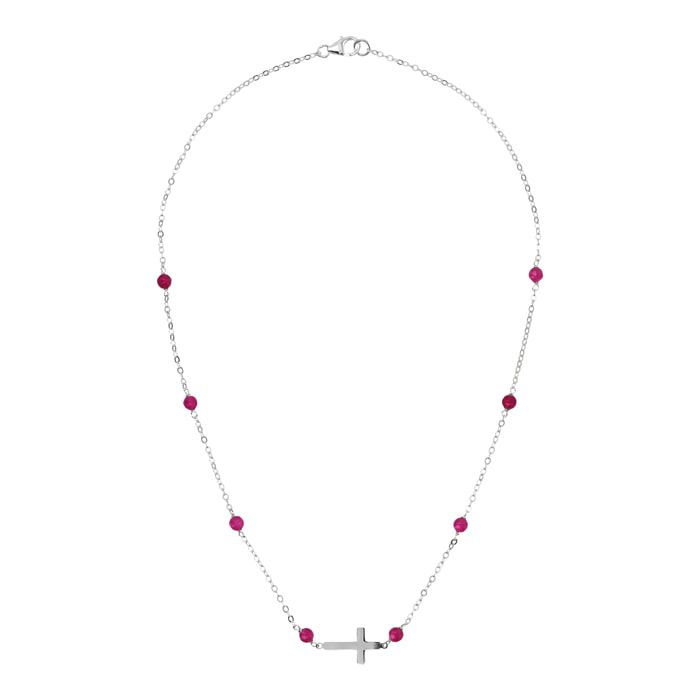 Collana Catena Rolo con Quarzo Rosa e Pendente Croce Argentato in Argento 925 placcato Rodio