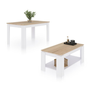 Pack mesa de comedor 140 y mesa de centro Lya Blanco Artik (Blanco Mate) - Roble Canadian
