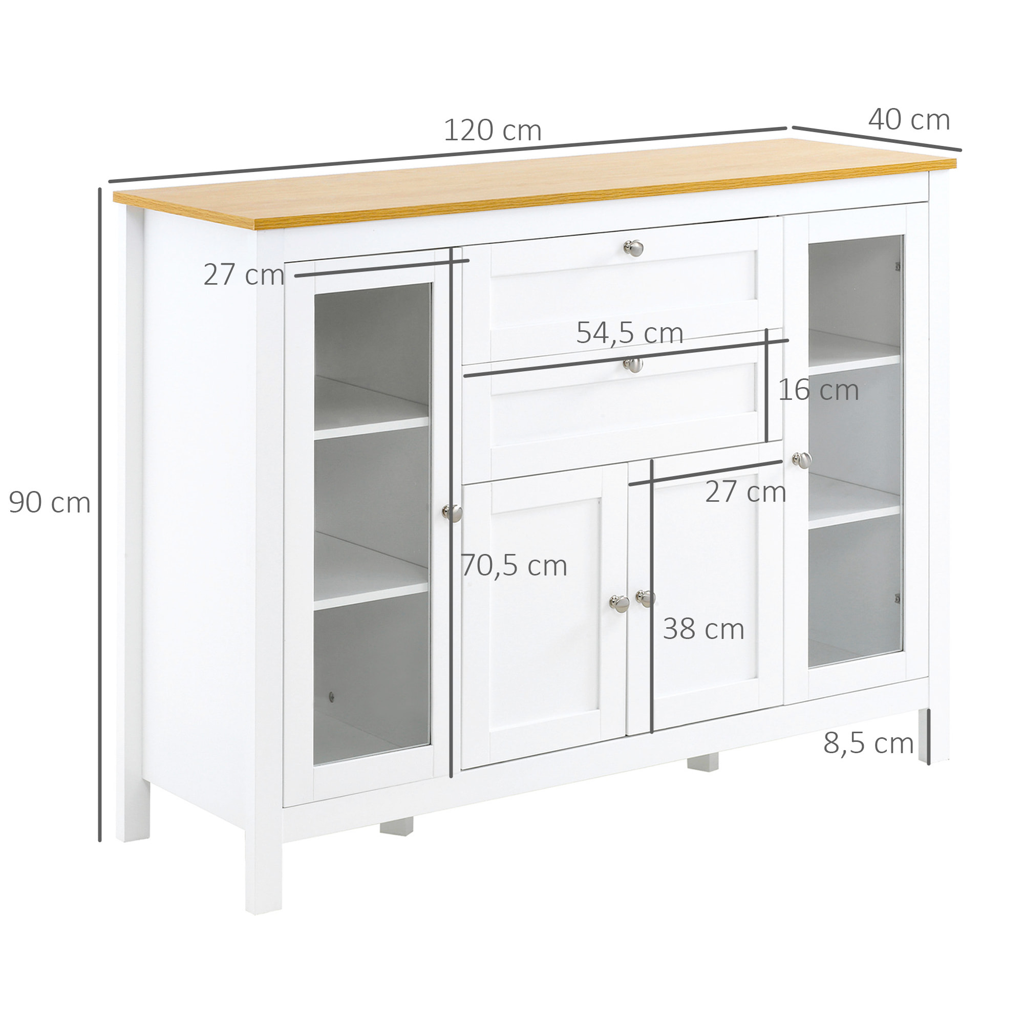 Buffet style classique chic multi-rangement 2 portes 2 étagères réglables 2 tiroirs coulissants placard 2 portes MDF blanc plateau aspect bois clair