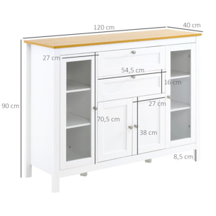 Buffet style classique chic multi-rangement 2 portes 2 étagères réglables 2 tiroirs coulissants placard 2 portes MDF blanc plateau aspect bois clair