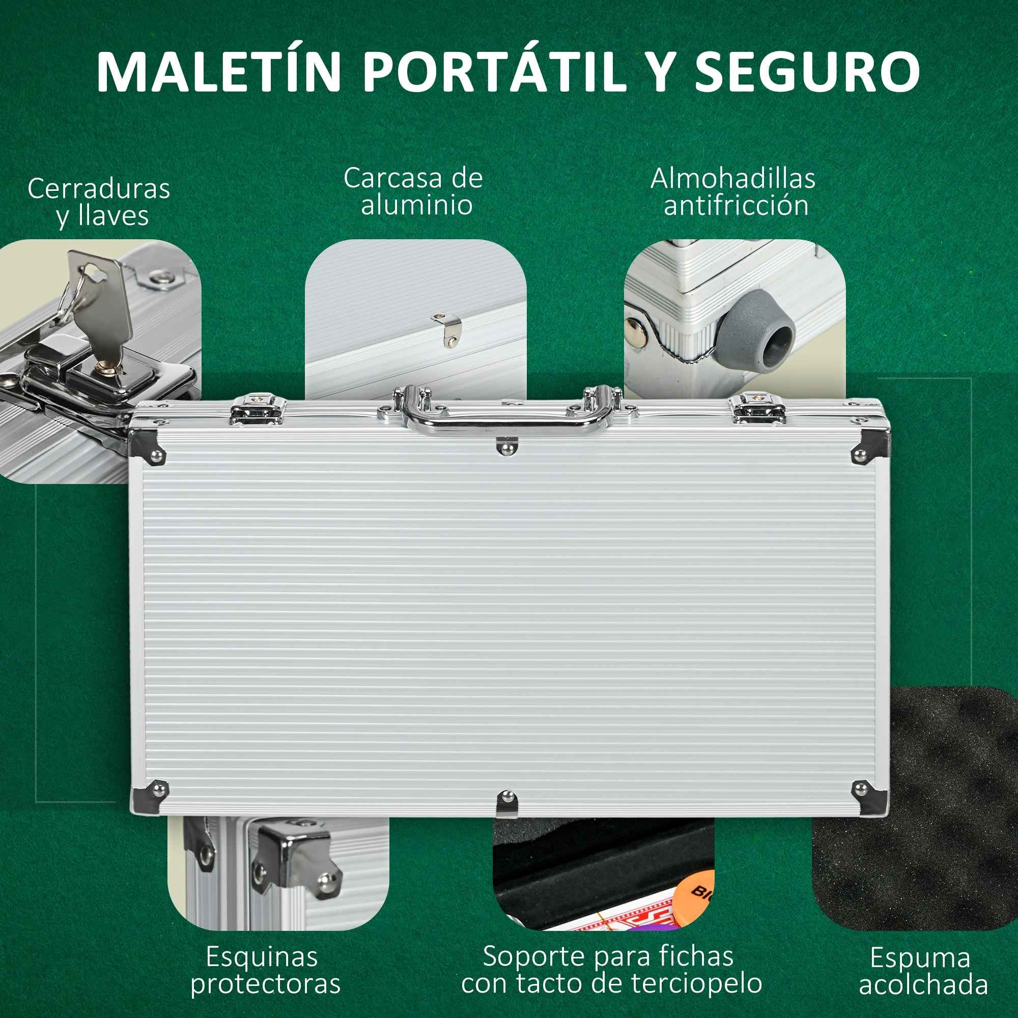 Juego de Póker Profesional, Maletín de Póker de Aluminio con 300 Fichas de 11,5 g, 2 Barajas de Cartas, 5 Dados, Tapete y Botón de Crupier, para 7-8 Jugadores con Cerradura, Plateado