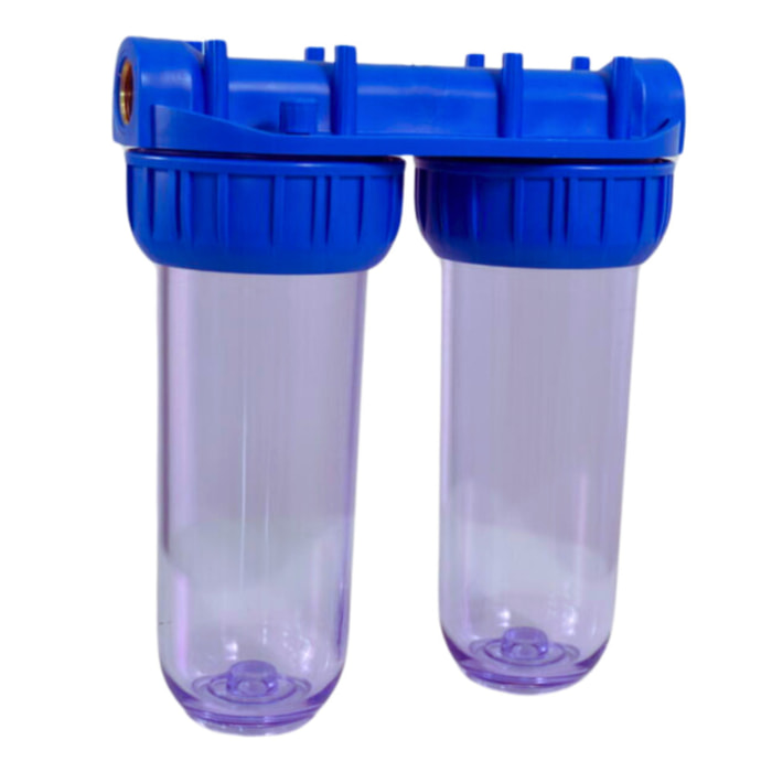 Double bol transparent avec raccords en laiton 3/4" pour filtres universels 10", livré sans filtre (SATHF34D)