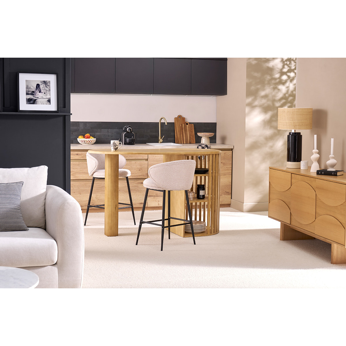 Ilot - table de bar avec rangements en bois clair manguier massif H90 cm LOBIO