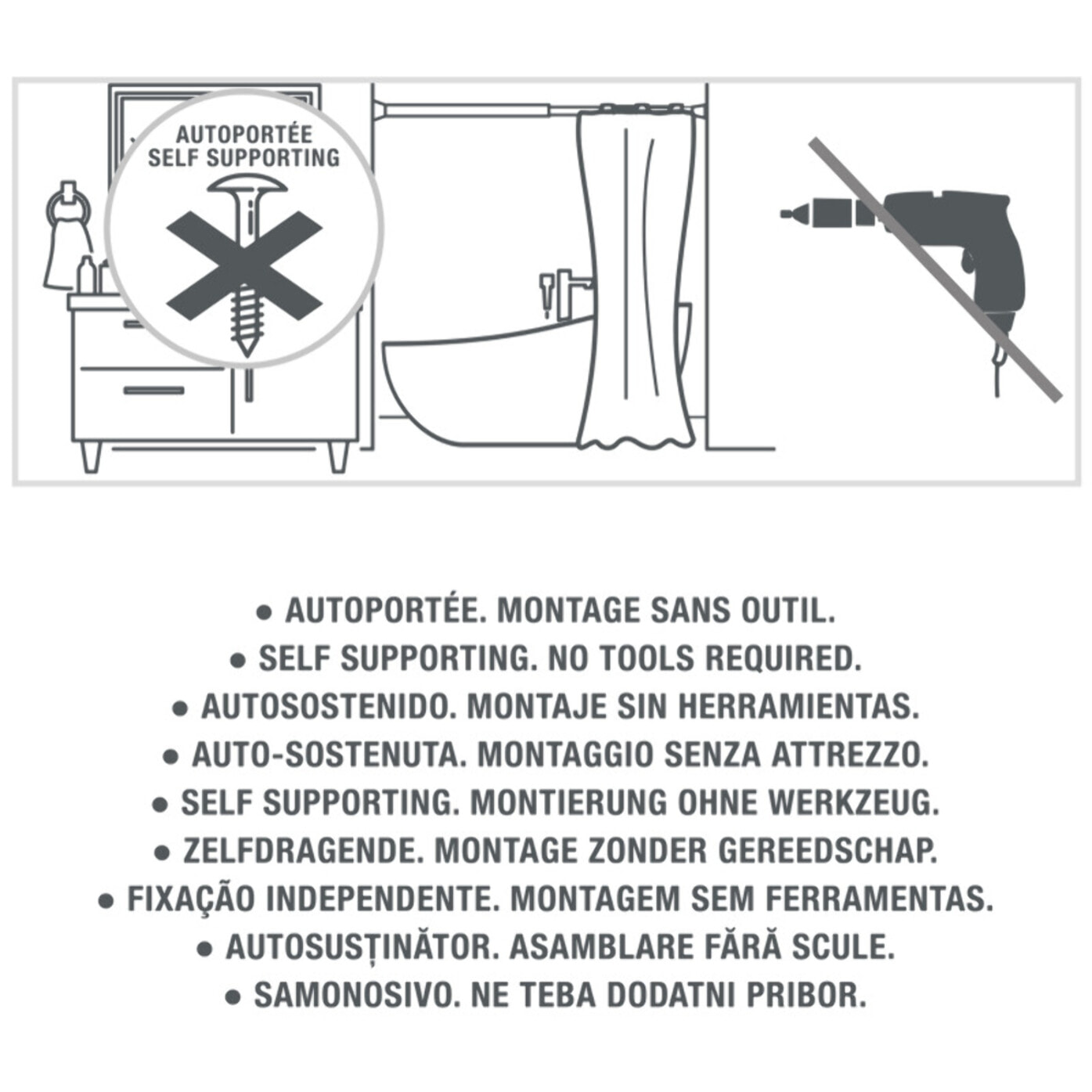 Barre tringle pour rideau de douche ou baignoire extensible Noire 110-200cm MSV