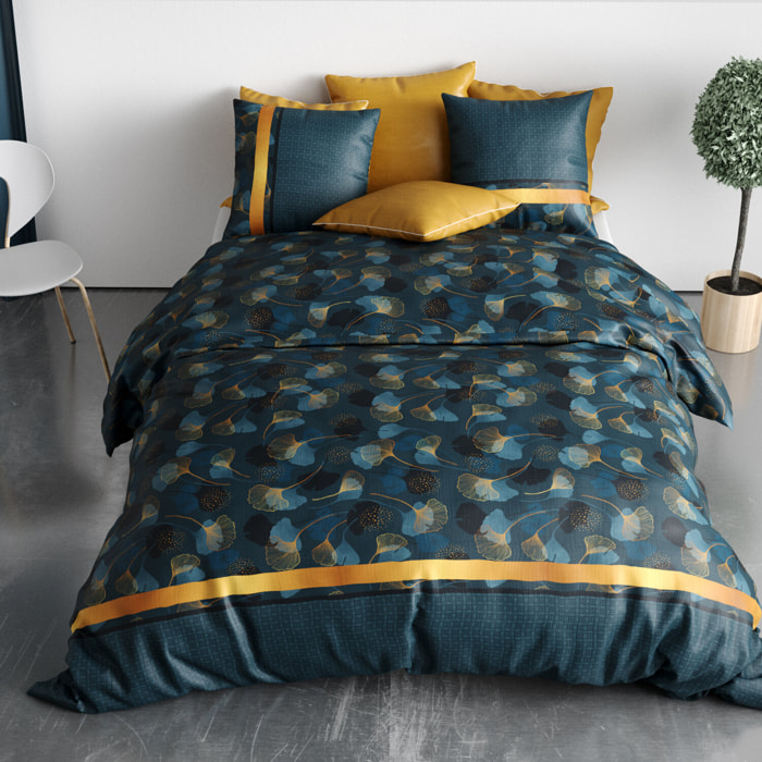Parure housse de couette imprimé 100% coton - ginko - jaune