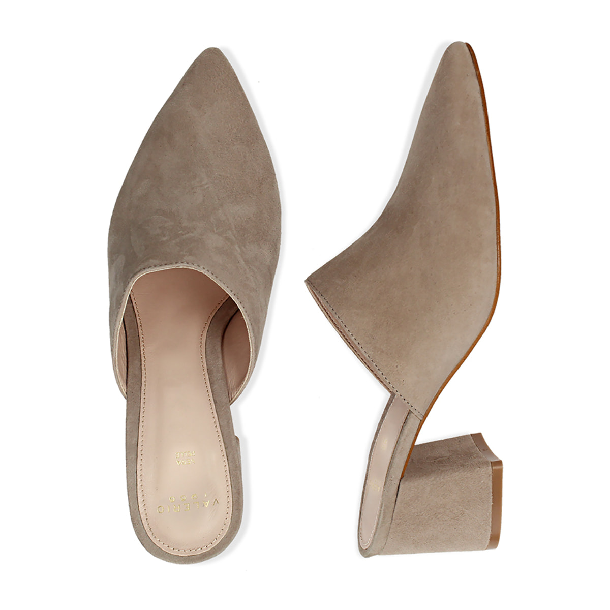 Mules taupe in camoscio, tacco 6 cm