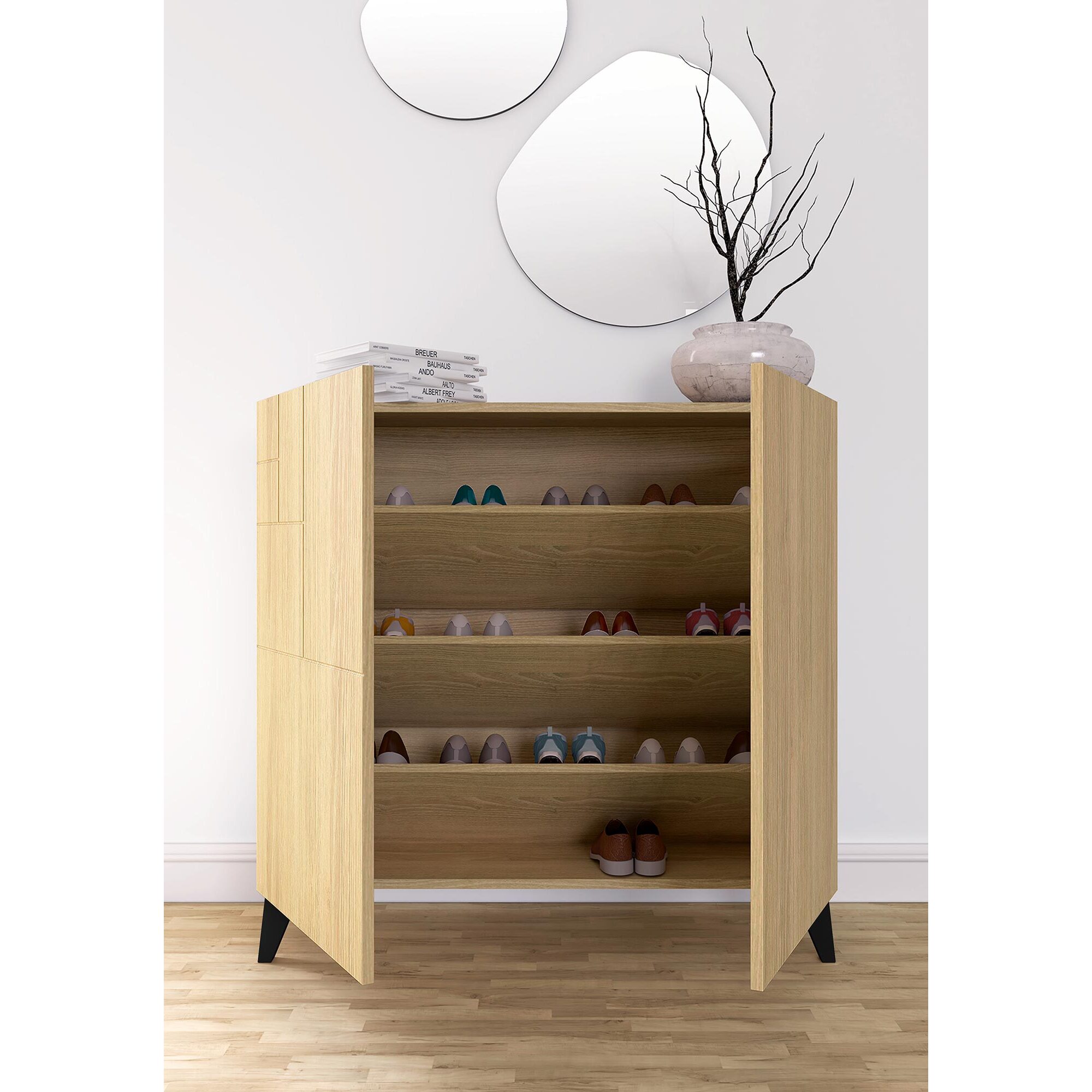 Zapatero Bergen melamina roble patas negro 87x90x27 cm