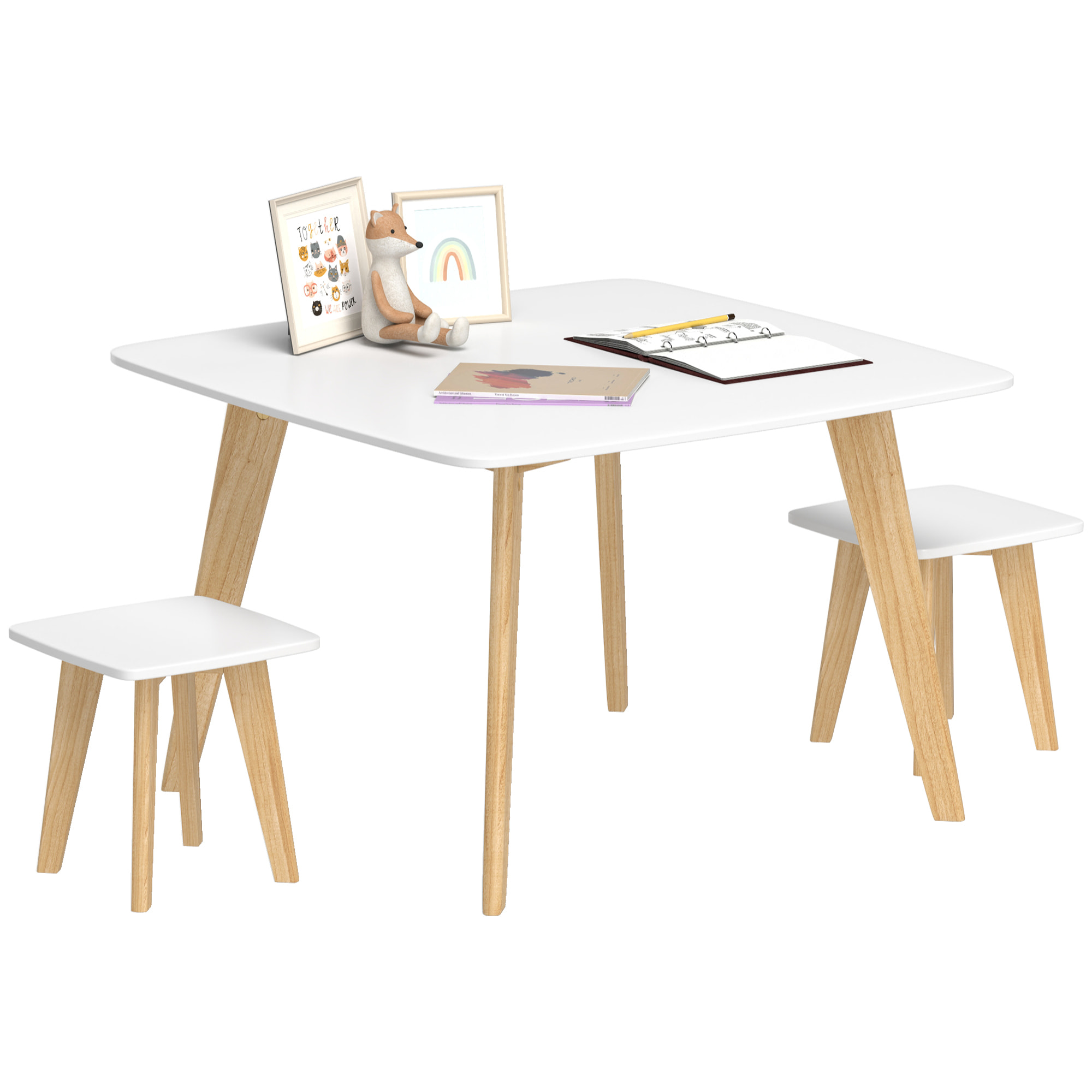 Ensemble table 2 tabourets enfant design scandinave - 3 pièces - piètement effilé bois MDF blanc