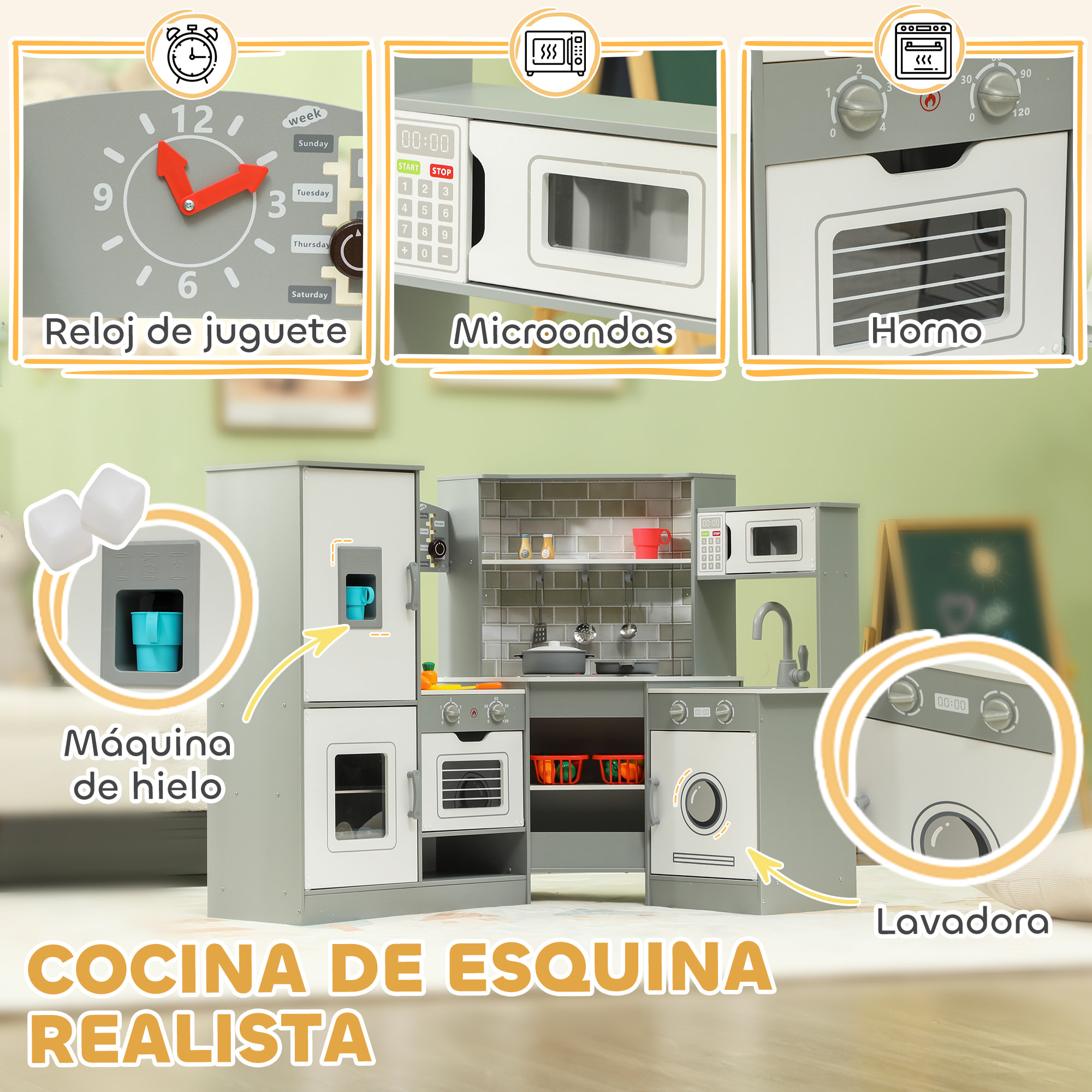 AIYAPLAY Cocina de Juguete para Niños +3 Años Cocina de Madera Infantil Cocinita Infantil con Sonido Fogón Horno Grifo Fregadero Microondas Lavadora Máquina de Hielo y Accesorios de Cocina Gris