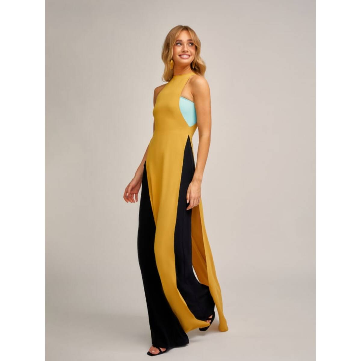 VESTIDO VICTORIA KAUAI NEGRO MOSTAZA TURQUESA