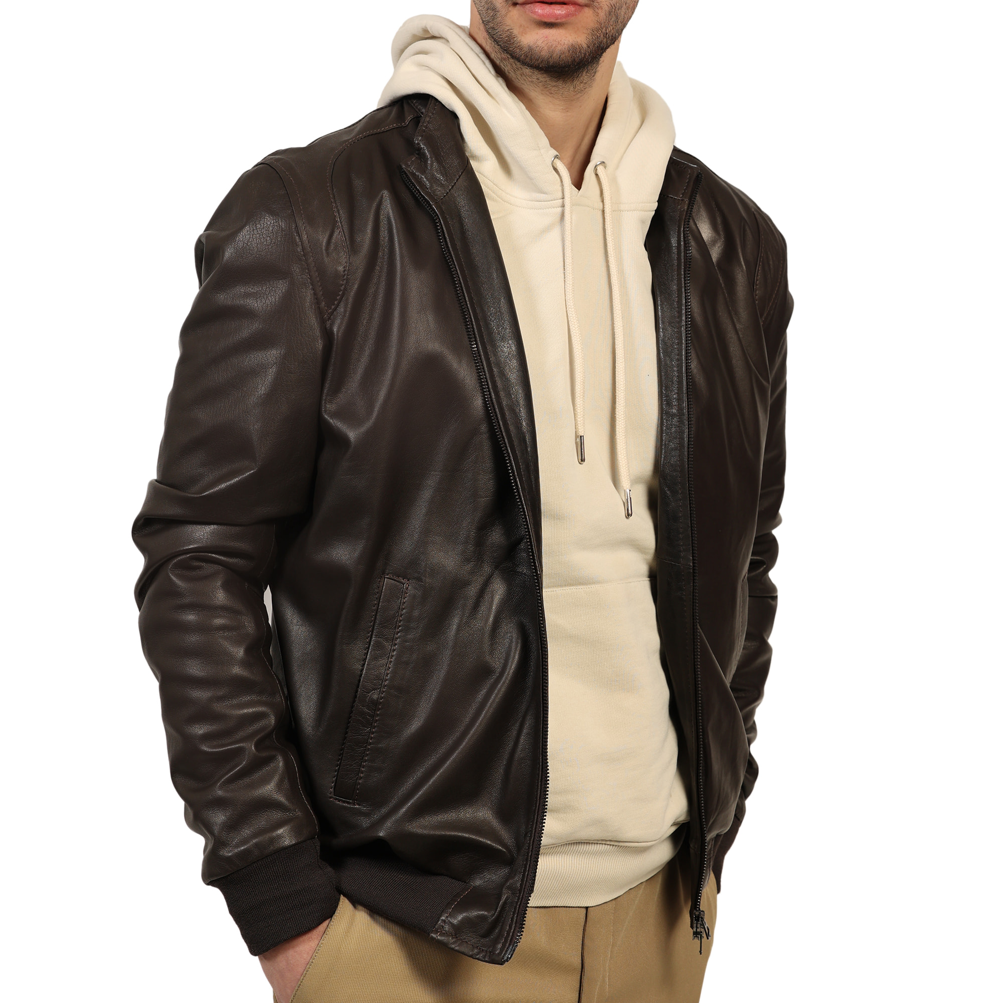 Giubbino in vera pelle di vitello Marrone-Slim Fit