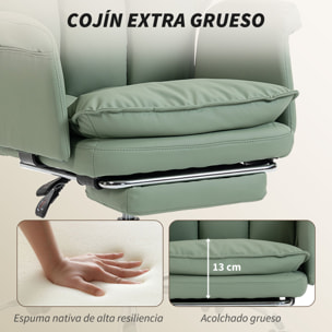 Silla de Escritorio con Reposapiés, Silla de Oficina Giratoria, con Respaldo Reclinable y Alto, Acolchado Grueso, Tapizada en Cuero Sintético, Soporte Lumbar, Altura Ajustable, Ruedas, Verde