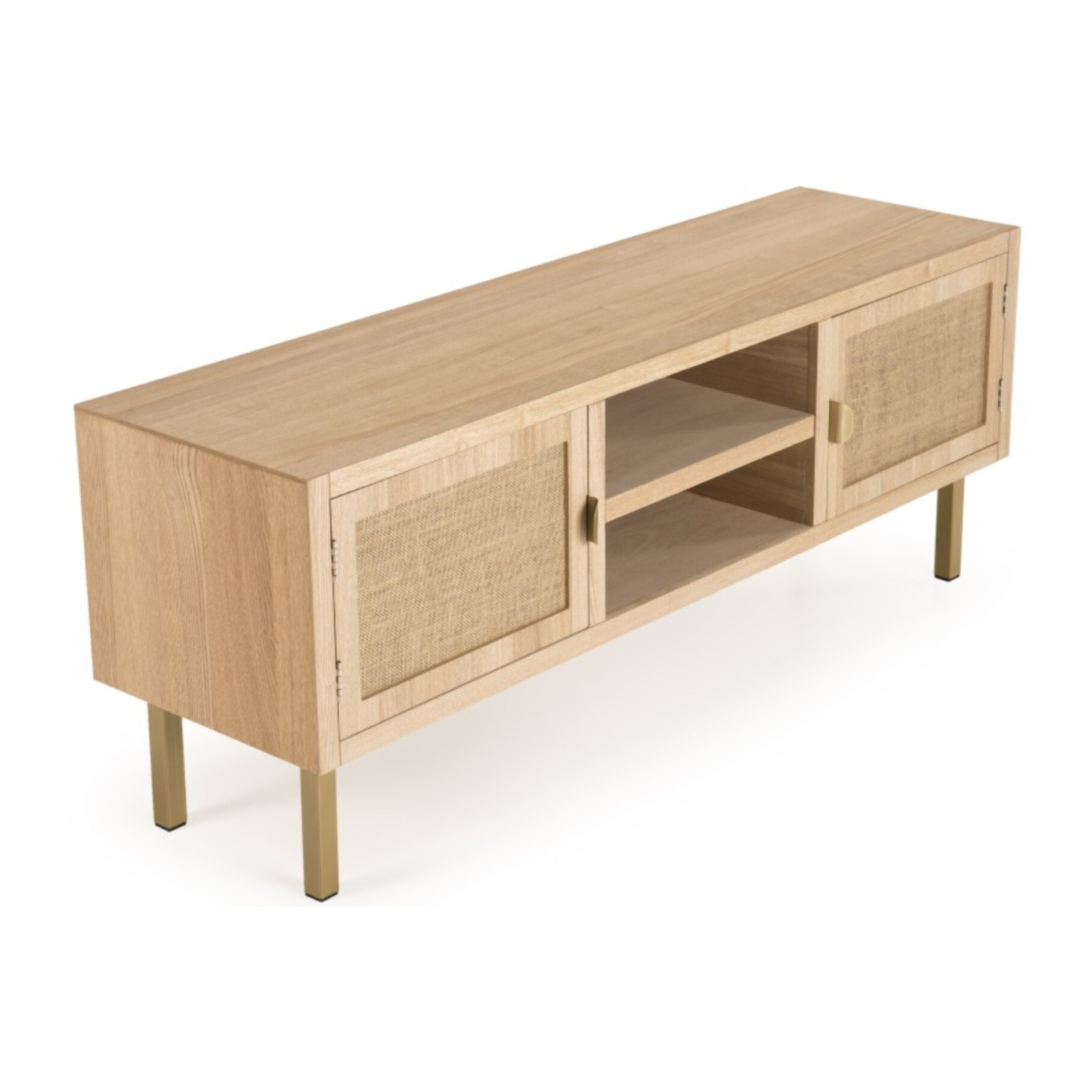 ALINE - Meuble TV 2 niches 2 portes toile de jute pieds métal doré